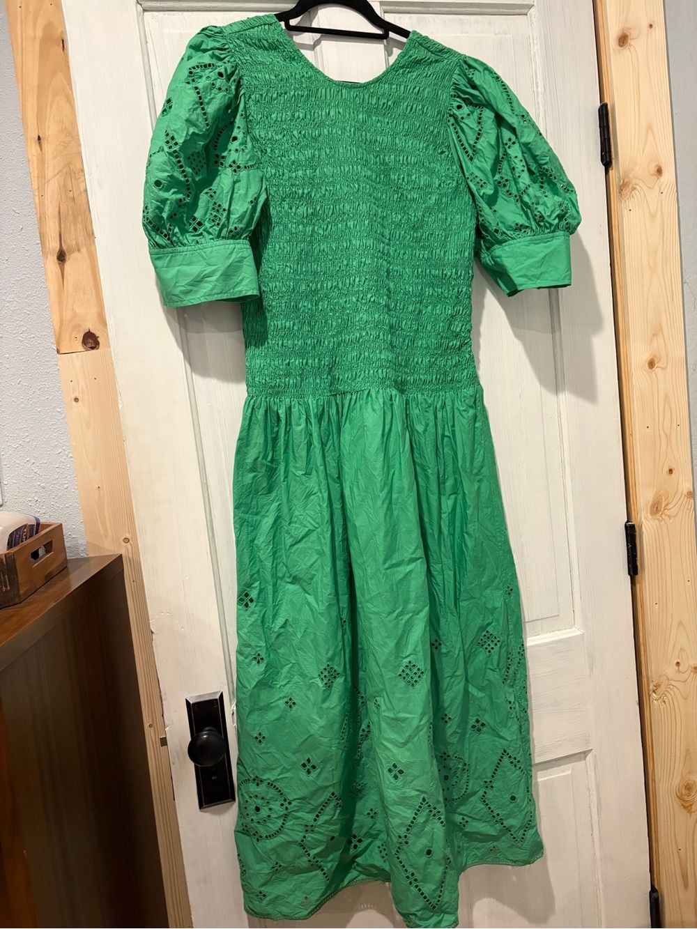 Ganni Green Eyelet Smocked Midi Dress